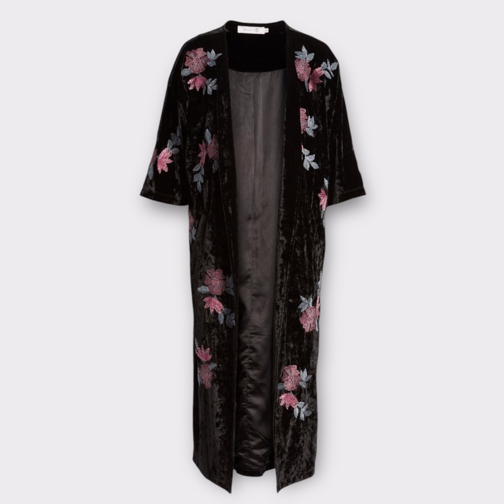 NWT Billy T Embroidered Floral Crushed Velvet Robe Kimono Duster Jacket - Picture 16 of 16